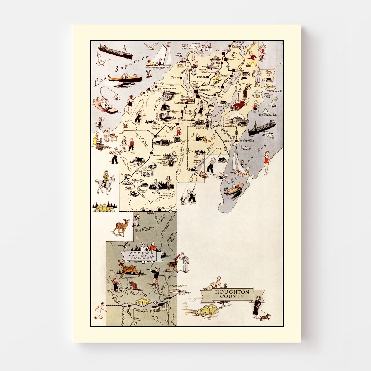 Vintage Map of Houghton County, Michigan 1936