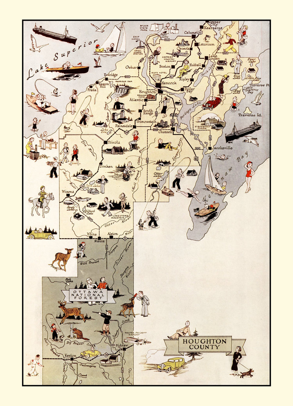Vintage Map of Houghton County, Michigan 1936