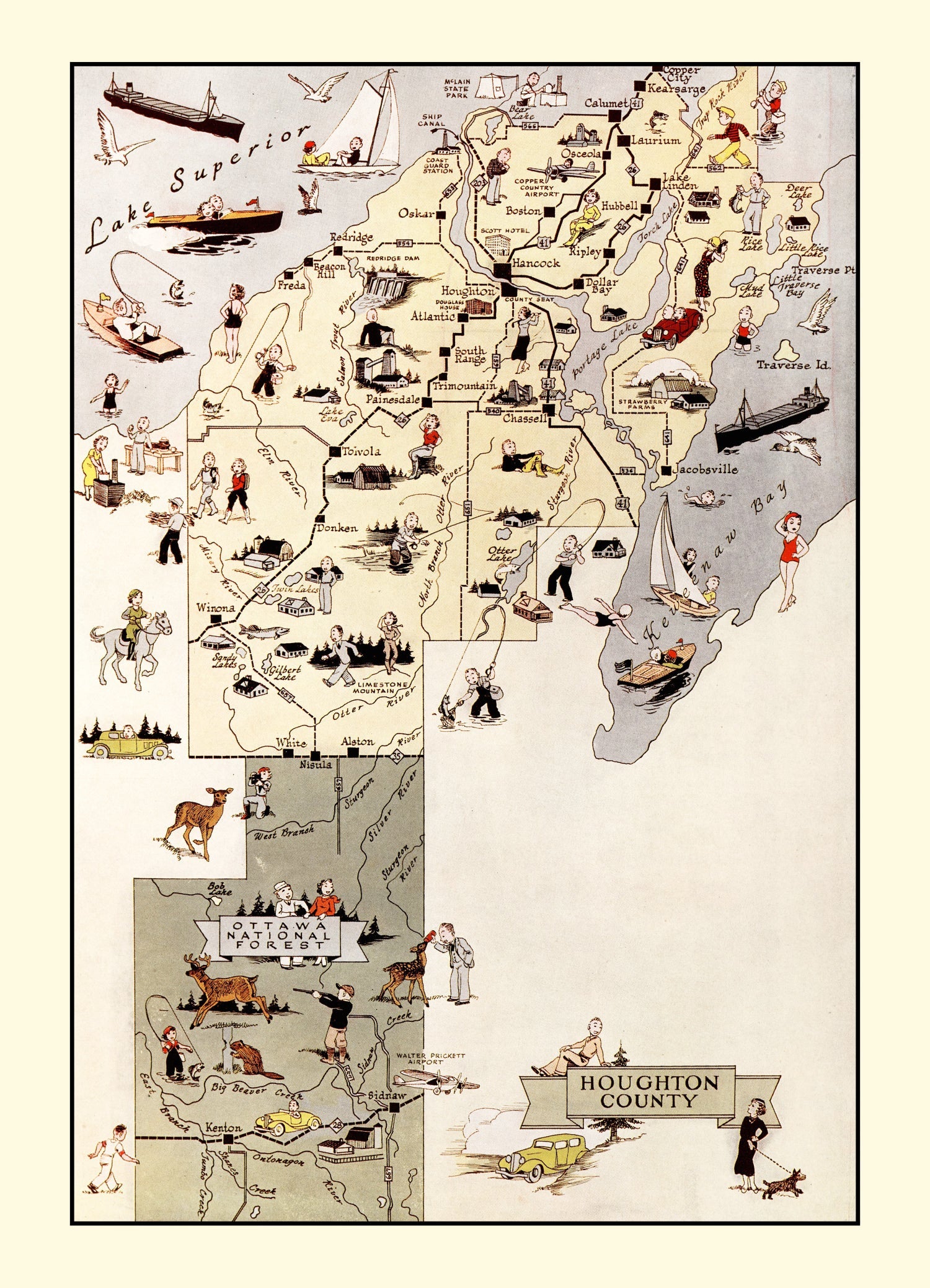 Vintage Map of Houghton County, Michigan 1936