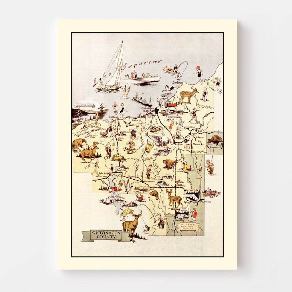 Vintage Map of Ontonagon County, Michigan 1936