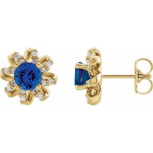14K Yellow Gold Natural Blue Sapphire & 1/6 CTW Natural Diamond Halo-Style Earrings