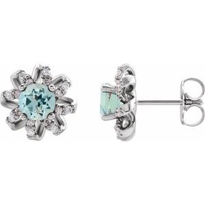14K White Gold Natural Aquamarine & 1/6 CTW Natural Diamond Halo-Style Earrings