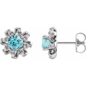 Sterling Silver Natural Blue Zircon & 1/6 CTW Natural Diamond Halo-Style Earrings