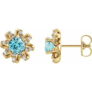 14K Yellow Gold Natural Blue Zircon & 1/6 CTW Natural Diamond Halo-Style Earrings