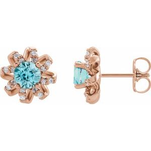 14K Rose Gold Natural Blue Zircon & 1/6 CTW Natural Diamond Halo-Style Earrings