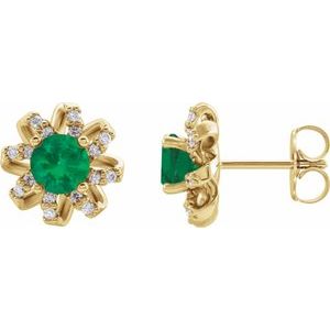 14K Yellow Gold Lab-Grown Emerald & 1/6 CTW Natural Diamond Halo-Style Earrings