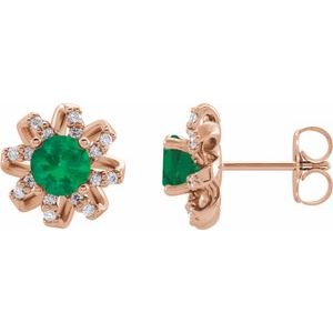 14K Rose Gold Lab-Grown Emerald & 1/6 CTW Natural Diamond Halo-Style Earrings