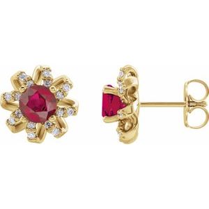 14K Yellow Gold Natural Ruby & 1/6 CTW Natural Diamond Halo-Style Earrings