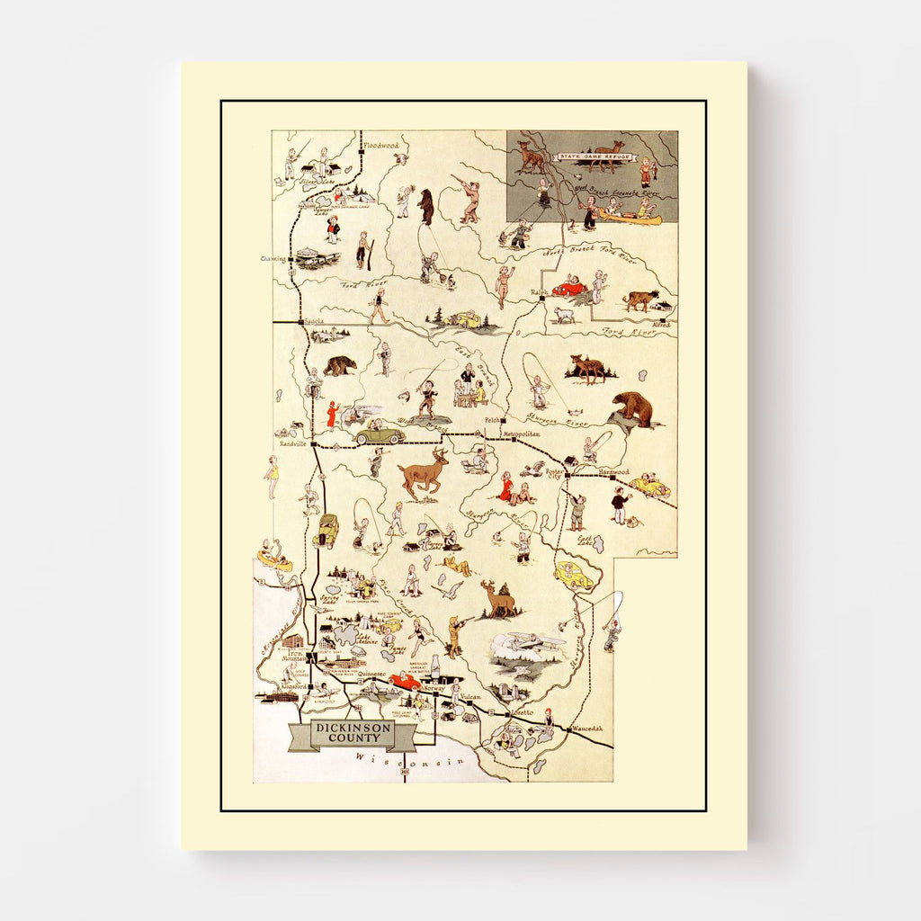 Vintage Map of Dickinson County, Michigan 1936