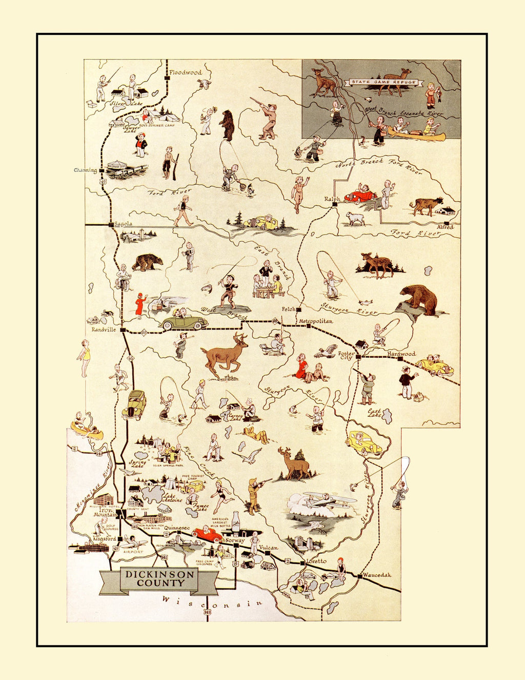 Vintage Map of Dickinson County, Michigan 1936