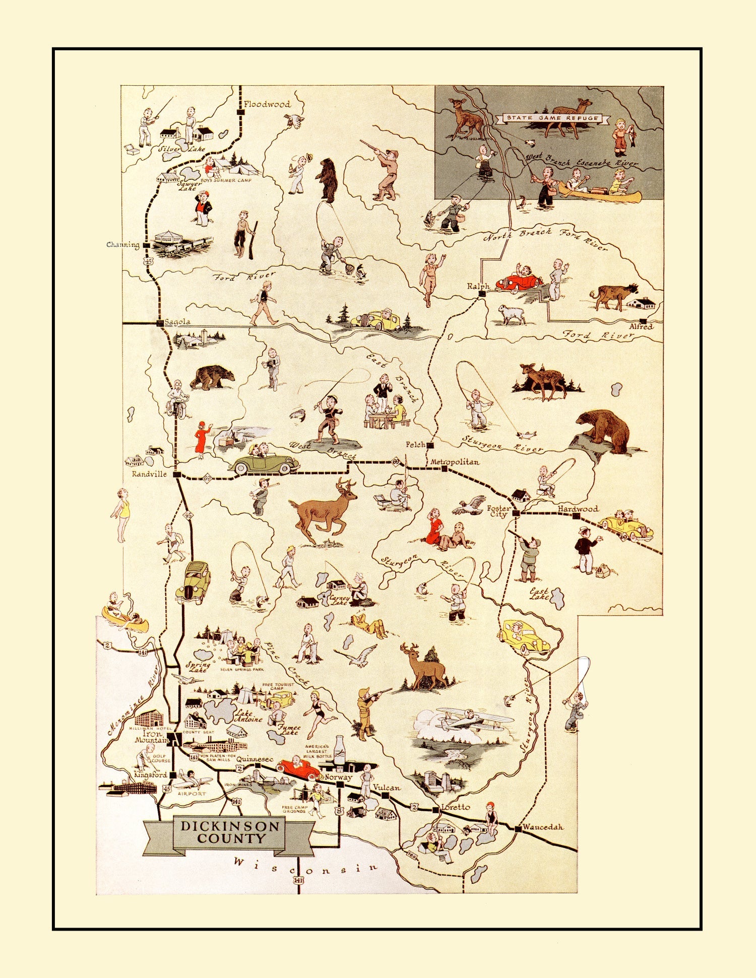 Vintage Map of Dickinson County, Michigan 1936