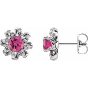 Platinum Natural Pink Tourmaline & 1/6 CTW Natural Diamond Halo-Style Earrings