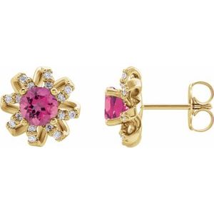14K Yellow Gold Natural Pink Tourmaline & 1/6 CTW Natural Diamond Halo-Style Earrings