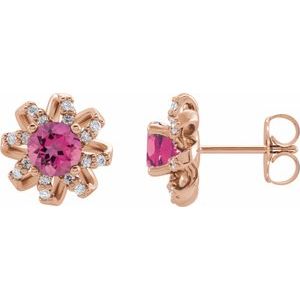 14K Rose Gold Natural Pink Tourmaline & 1/6 CTW Natural Diamond Halo-Style Earrings