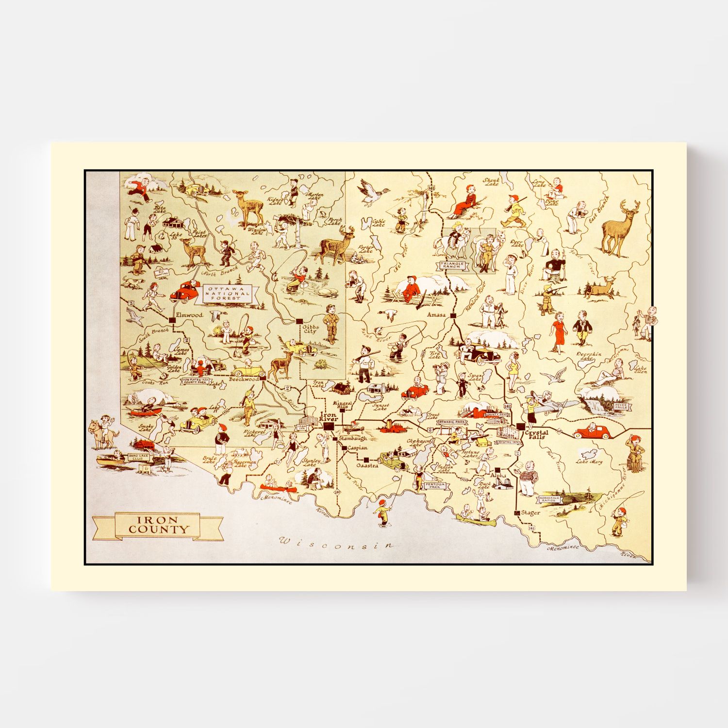Vintage Map of Iron County, Michigan 1936