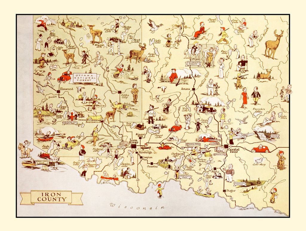 Vintage Map of Iron County, Michigan 1936