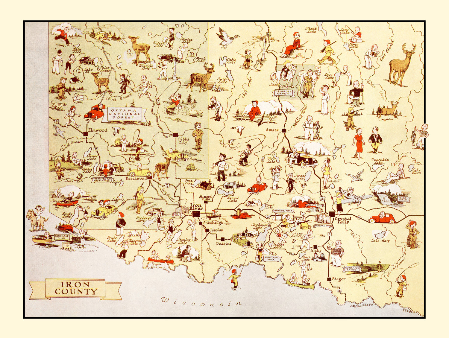 Vintage Map of Iron County, Michigan 1936