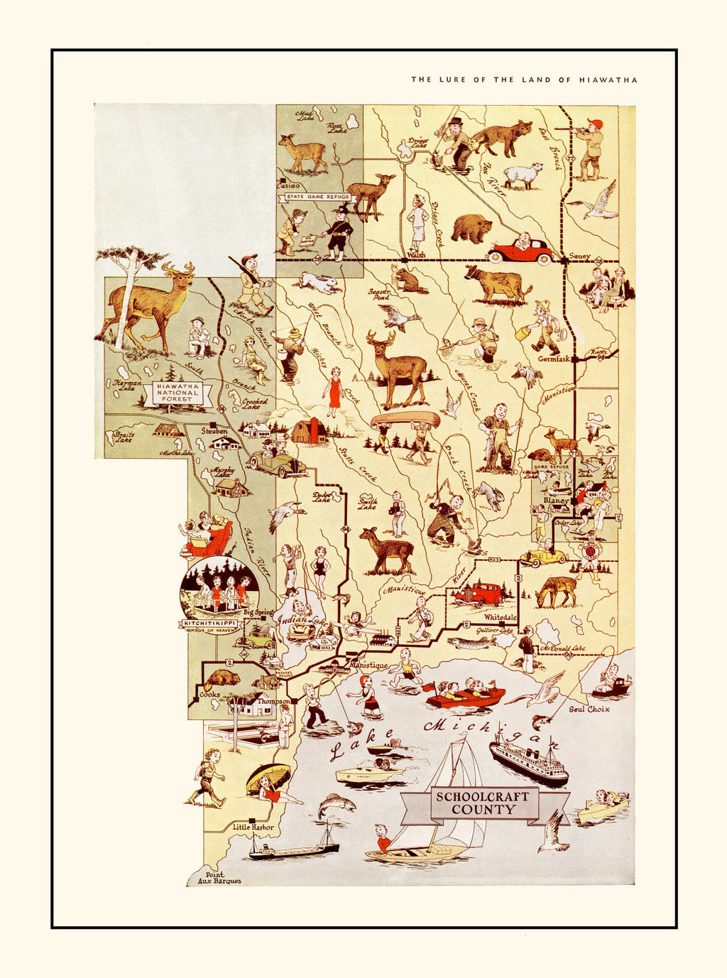 Vintage Map of Schoolcraft County, Michigan 1936