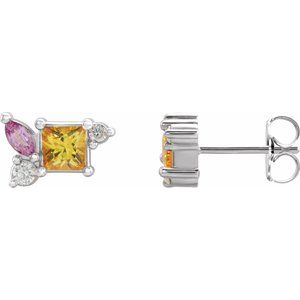Sterling Silver Natural Yellow Sapphire, Natural Pink Sapphire, & 1/8 CTW Natural Diamond Earrings