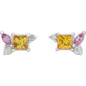 Sterling Silver Natural Yellow Sapphire, Natural Pink Sapphire, & 1/8 CTW Natural Diamond Earrings