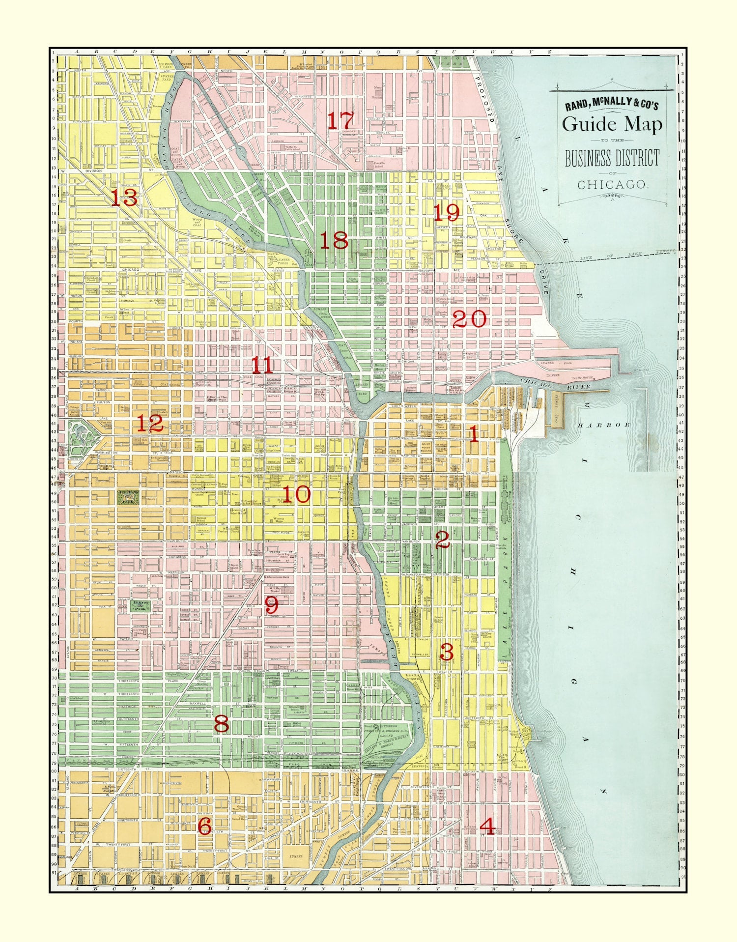 Vintage Map of the Business District of Chicago, IL 1875
