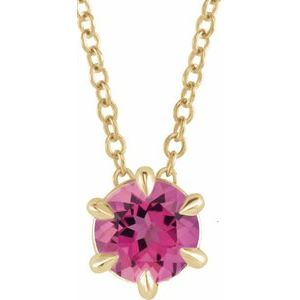 14K Yellow Gold 5 mm Natural Pink Tourmaline Solitaire 16-18" Necklace