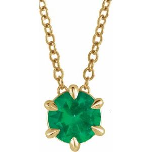 14K Yellow Gold 6 mm Natural Emerald Solitaire 16-18" Necklace