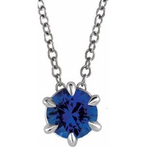 14K White Gold 5 mm Natural Blue Sapphire Solitaire 16-18" Necklace