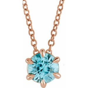 14K Rose Gold 5 mm Natural Aquamarine Solitaire 16-18" Necklace