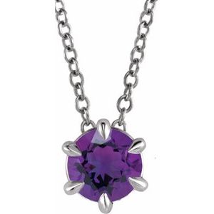 14K White Gold 4 mm Natural Amethyst Solitaire 16-18" Necklace