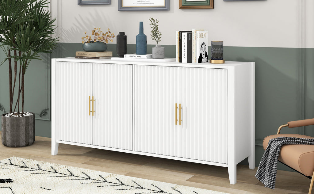 U_Style 63.1''Modern 4-Vertical Wavy Slatted Doors Sideboard,Storage Cabinet With Elegant Design, Solid Wood Legs with Painted,Metal Handles,for Dining Room,Living Room, Kitchen, or Entryway(White)