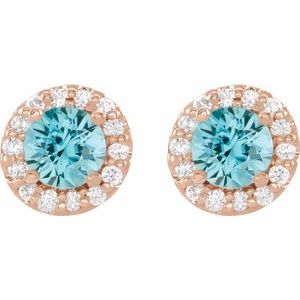 14K Rose Gold Natural Blue Zircon & 1/10 CTW Natural Diamond Earrings – image 2