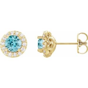 14K Yellow Gold Natural Blue Zircon & 1/10 CTW Natural Diamond Earrings
