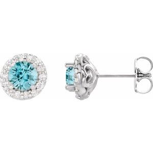 Platinum 6 mm Natural Blue Zircon & 1/4 CTW Natural Diamond Earrings