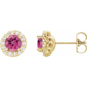 14K Yellow Gold 4 mm Natural Pink Tourmaline & 1/8 CTW Natural Diamond Earrings