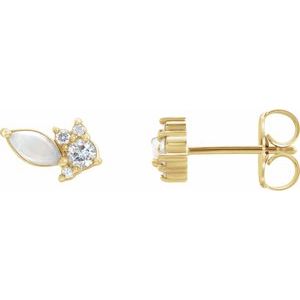 14K Yellow Gold Australian Natural White Opal & 1/6 CTW Natural Diamond Cluster Earrings