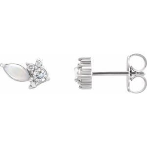 Sterling Silver Australian Natural White Opal & 1/6 CTW Natural Diamond Cluster Earrings