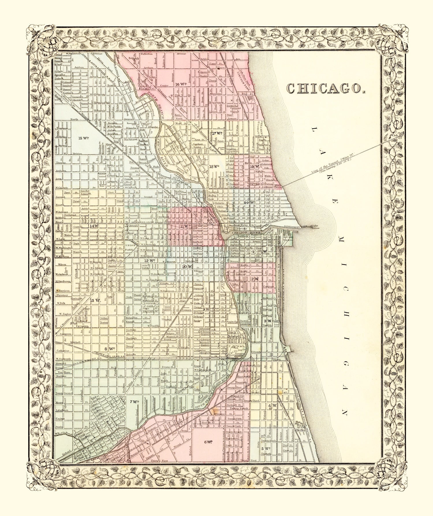 Vintage Map of Chicago, Illinois 1870