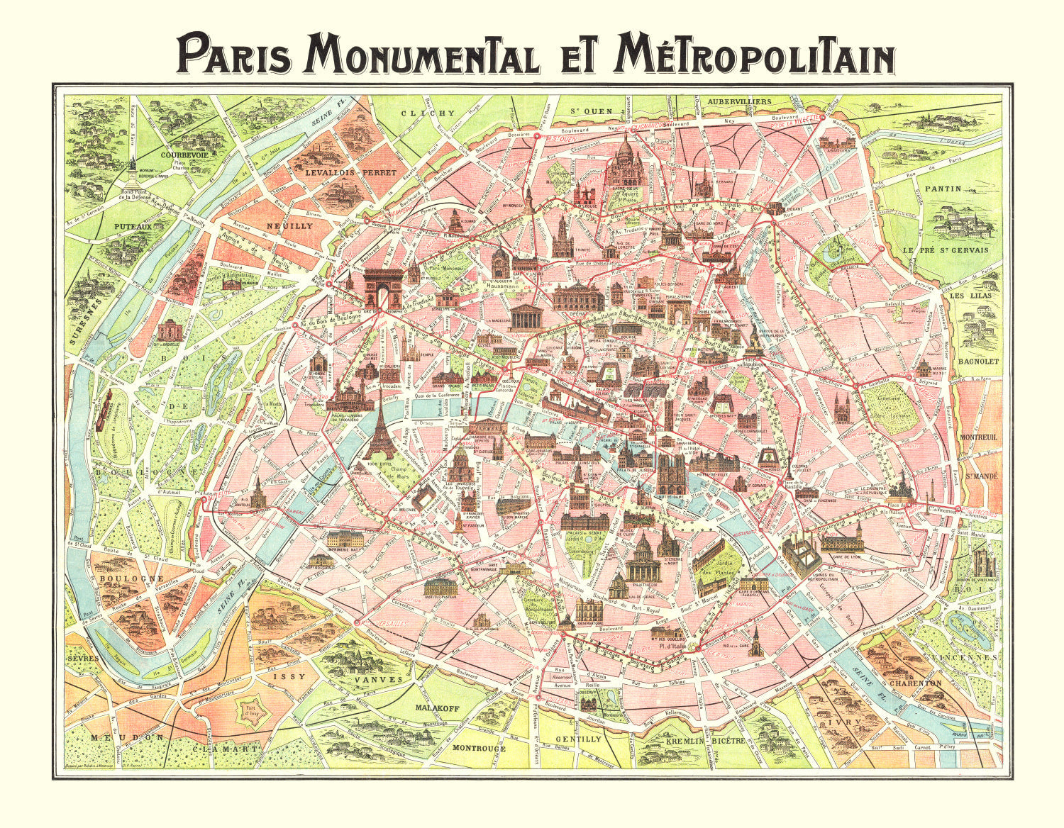 Vintage Map of Paris, France 1911