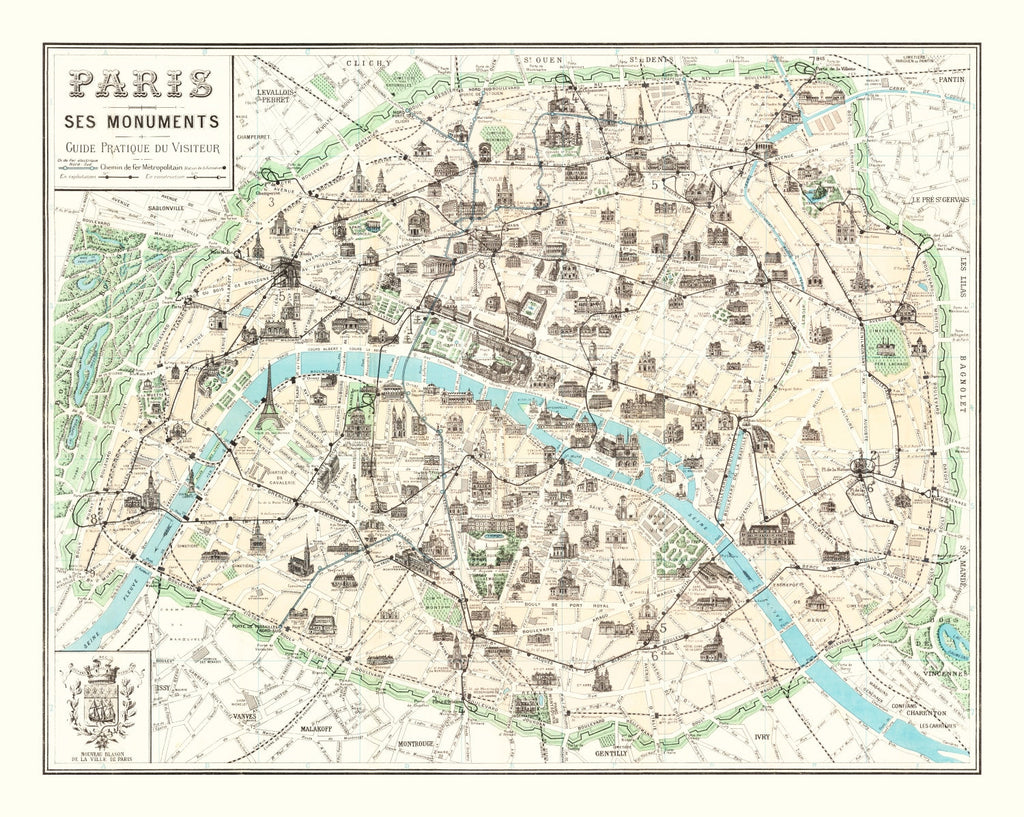 Vintage Map of Paris, France 1905