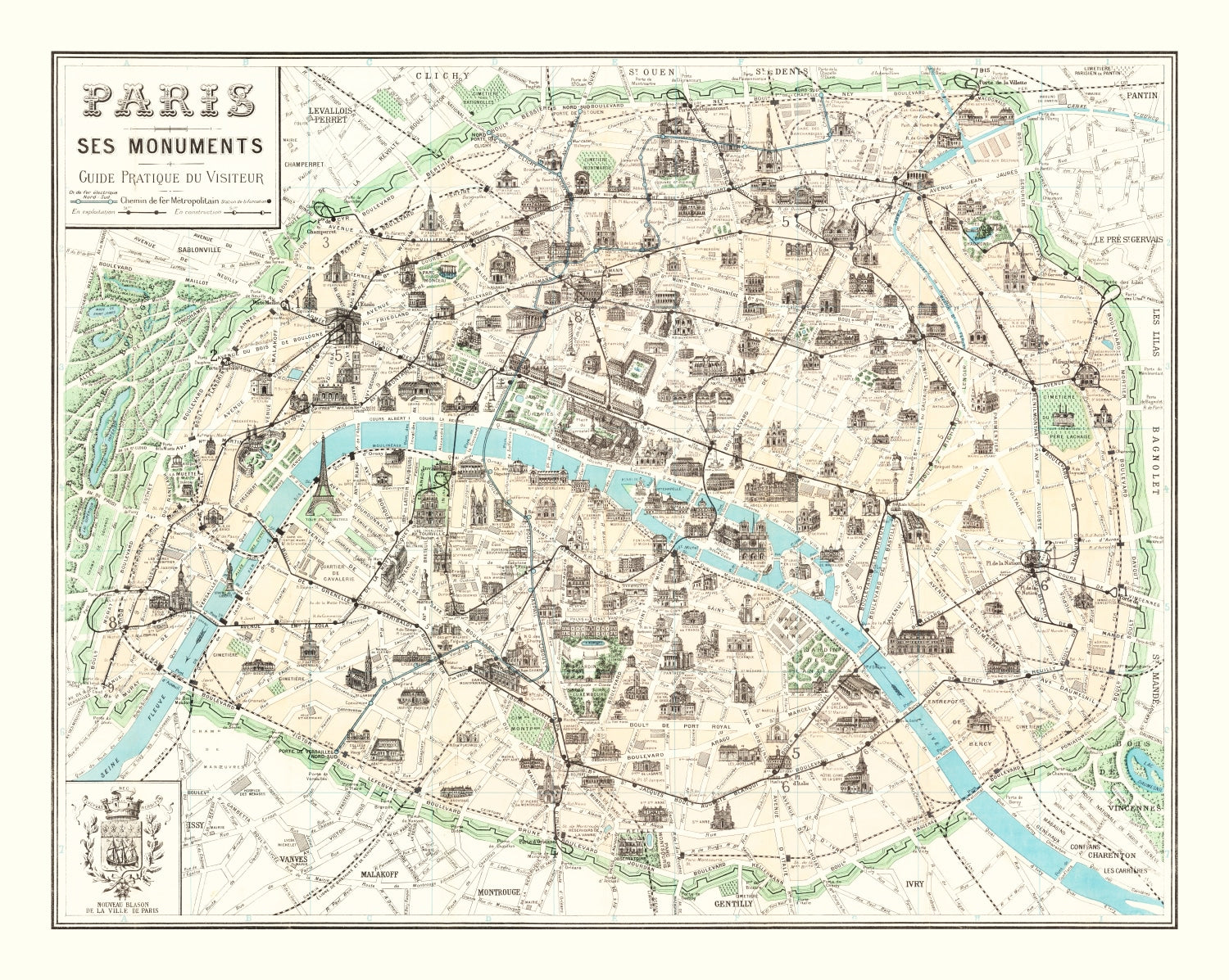 Vintage Map of Paris, France 1905