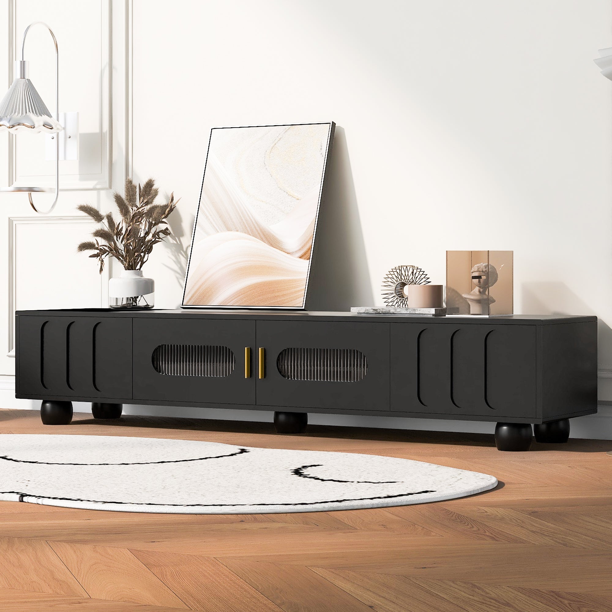 U-Can Modern TV Stand for TVs up to 80 Inches, Entertainment Center with Glass Door, TV Storage Cabinet with Solid Wood Legs and Metal Handles for Living room(OLD SKU:WF323694AAB )