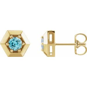 14K Yellow Gold Natural Blue Zircon Geometric Earrings