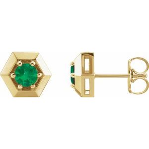 14K Yellow Gold Natural Emerald Geometric Earrings