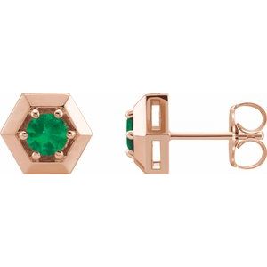 14K Rose Gold Natural Emerald Geometric Earrings