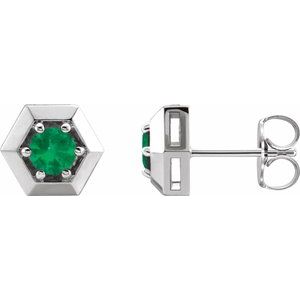 14K White Gold Natural Emerald Geometric Earrings