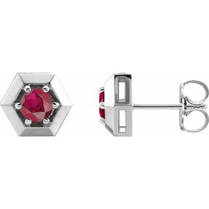 14K White Gold Natural Ruby Geometric Earrings