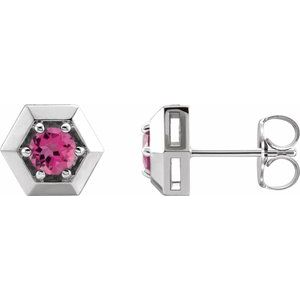 14K White Gold Natural Pink Tourmaline Geometric Earrings
