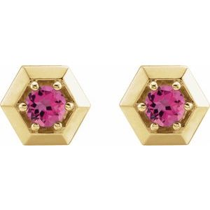 14K Yellow Gold Natural Pink Tourmaline Geometric Earrings