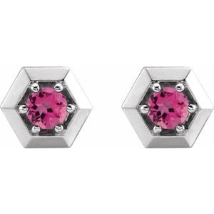 14K White Gold Natural Pink Tourmaline Geometric Earrings – image 2